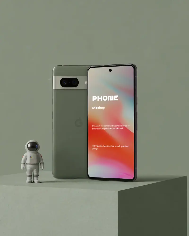 Googlepixel Realistic Phone Mockup Showcasing Front And Back Views With Astronaut Figurine Prop