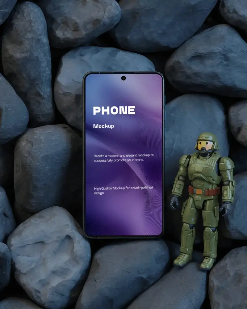 Googlepixel Blank Screen Smartphone Mockup With Military Toy Placed On Rocky Surface