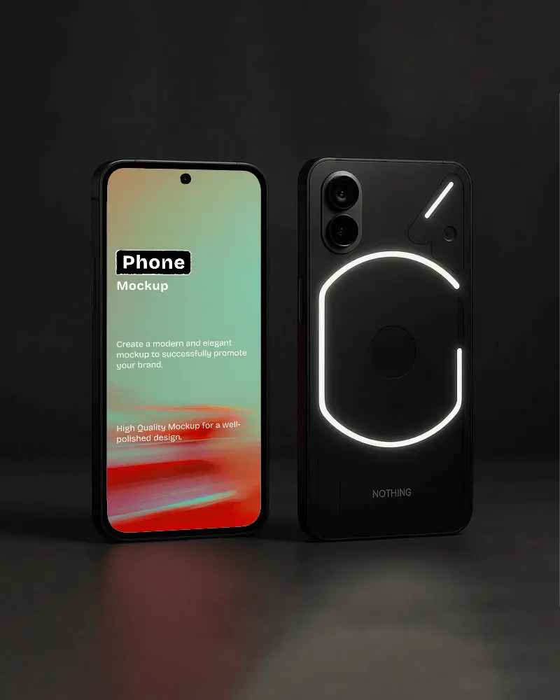 Studio Lit Black Smartphone Mockup Front And Back View With Glowing Glyph Interface Sleek And Futuristic Design Showcase