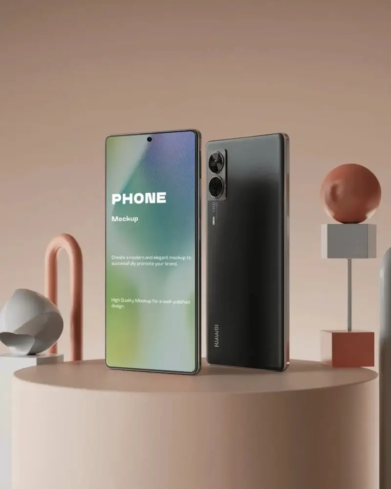 Huawei High Quality Smartphone Mockup Standing On Cylindrical Podium With Minimalist