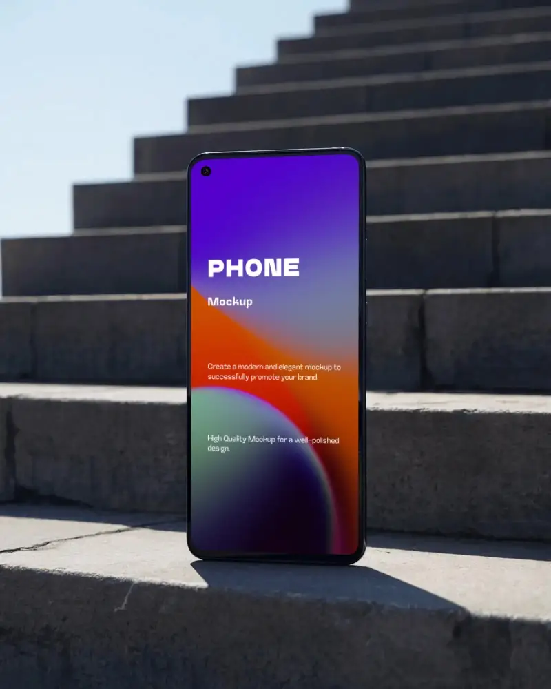 Oneplus Sleek Vertical Phone Mockup Standing On Outdoor Stairs With Blank Screen Space