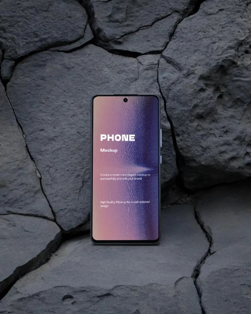 Samsung Sleek Modern Phone Mockup On Rough Stone Background Showcasing Smartphone Screen Design