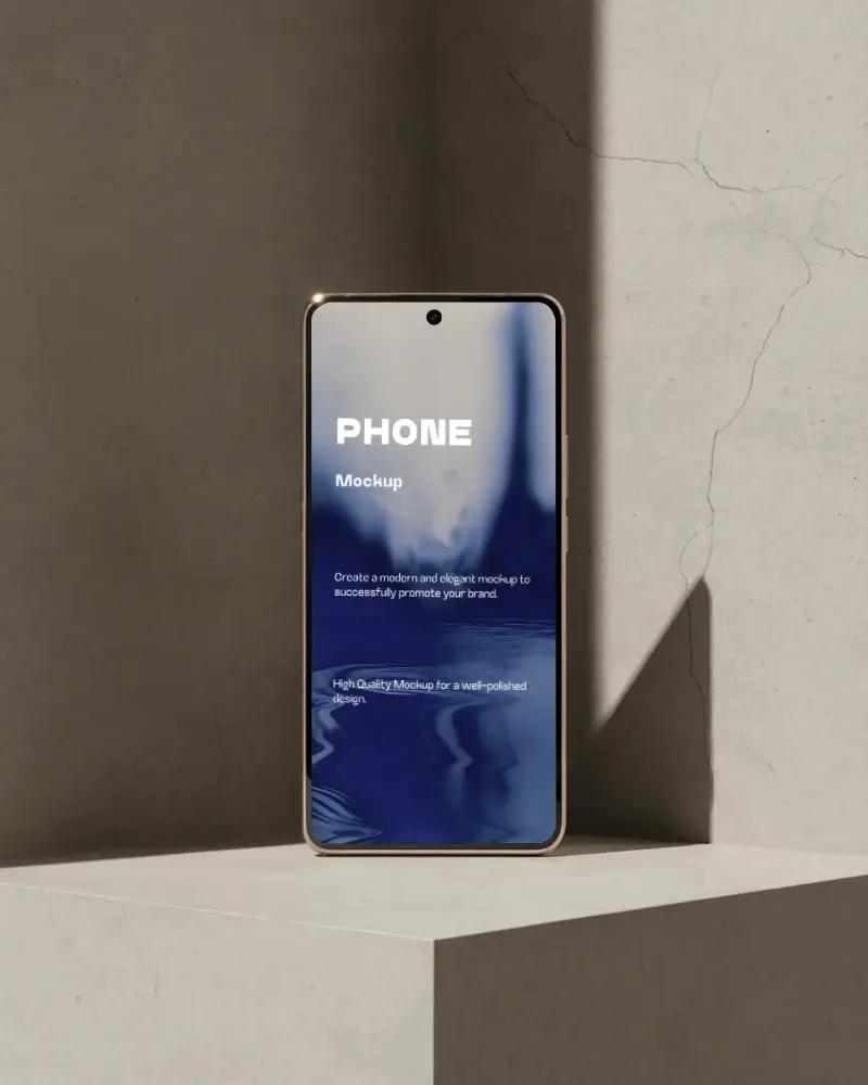 Samsung Sleek Modern Phone Mockup Standing On Concrete Block In Minimalist Light Shadow