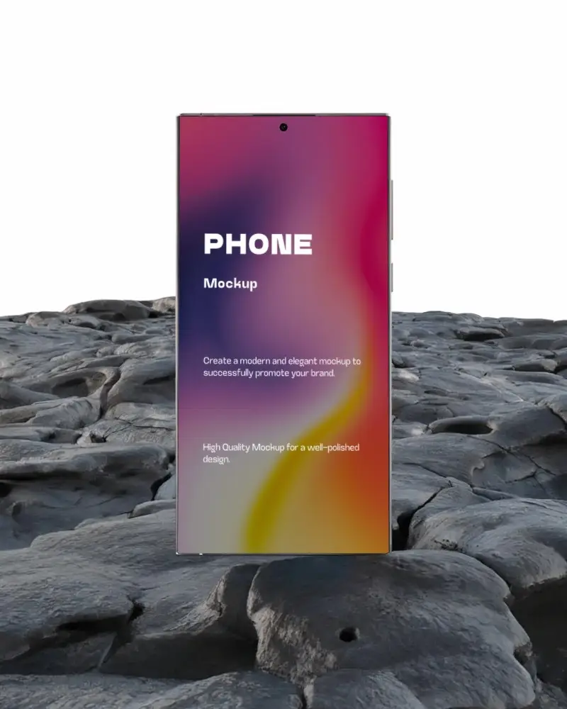 Samsungs25ultra Modern Phone Mockup On Textured Rock Surface For Digital Tech Presentation Purposes