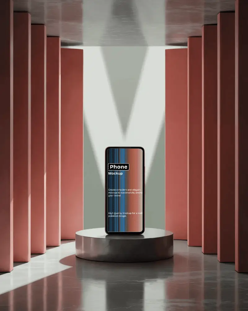 Architectural Spotlight Smartphone Mockup Front View On Pedestal With Modern Red Column Background Dramatic And Premium Presentation