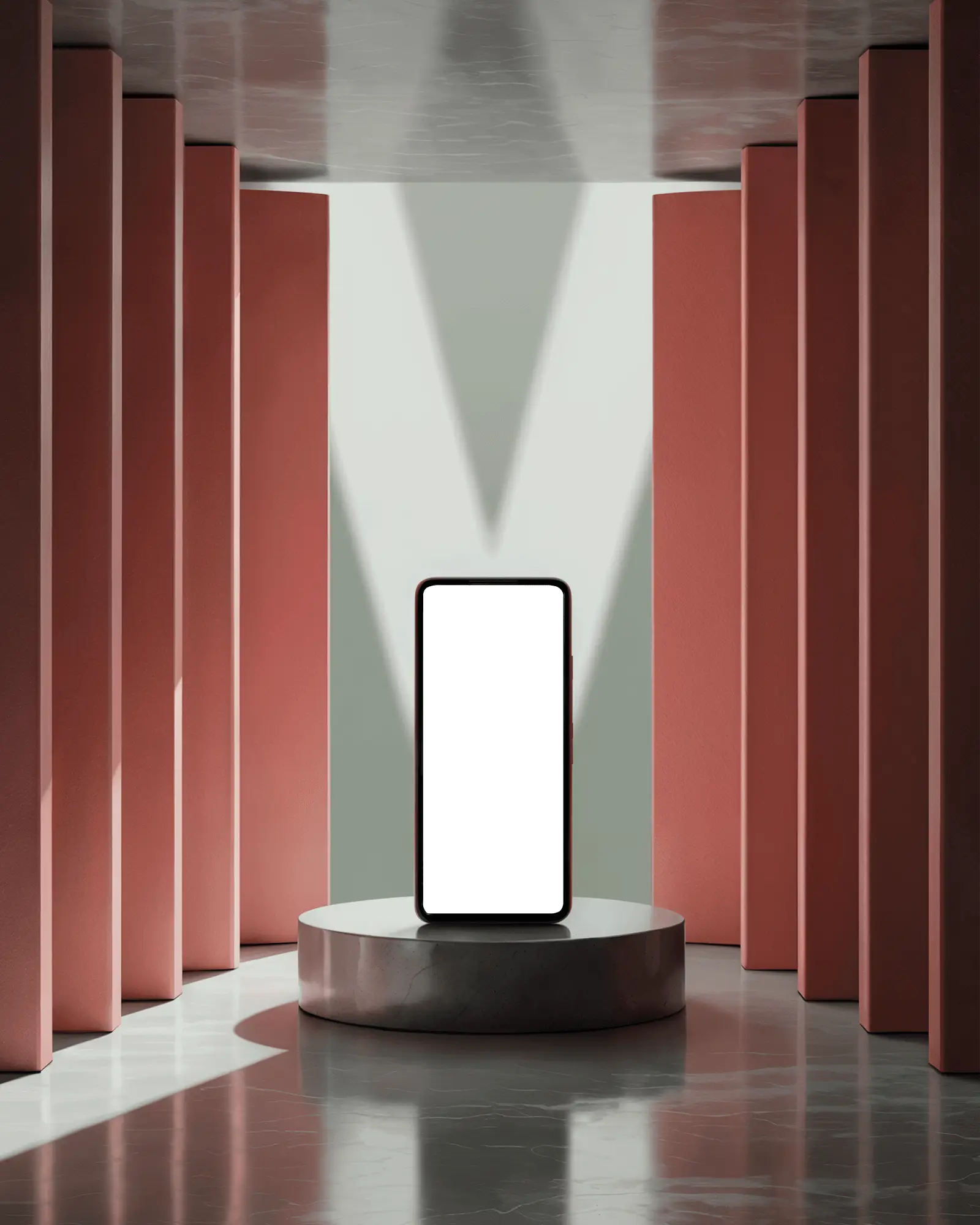 Architectural Spotlight Smartphone Mockup Front View On Pedestal With Modern Red Column Background Dramatic And Premium Presentation