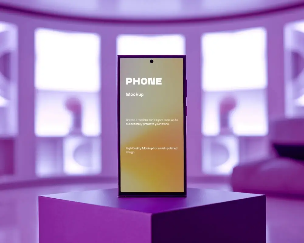 Purple Studio Samsung S24 Ultra Android Phone Mockup Standing On Pedestal With Futuristic Lighting