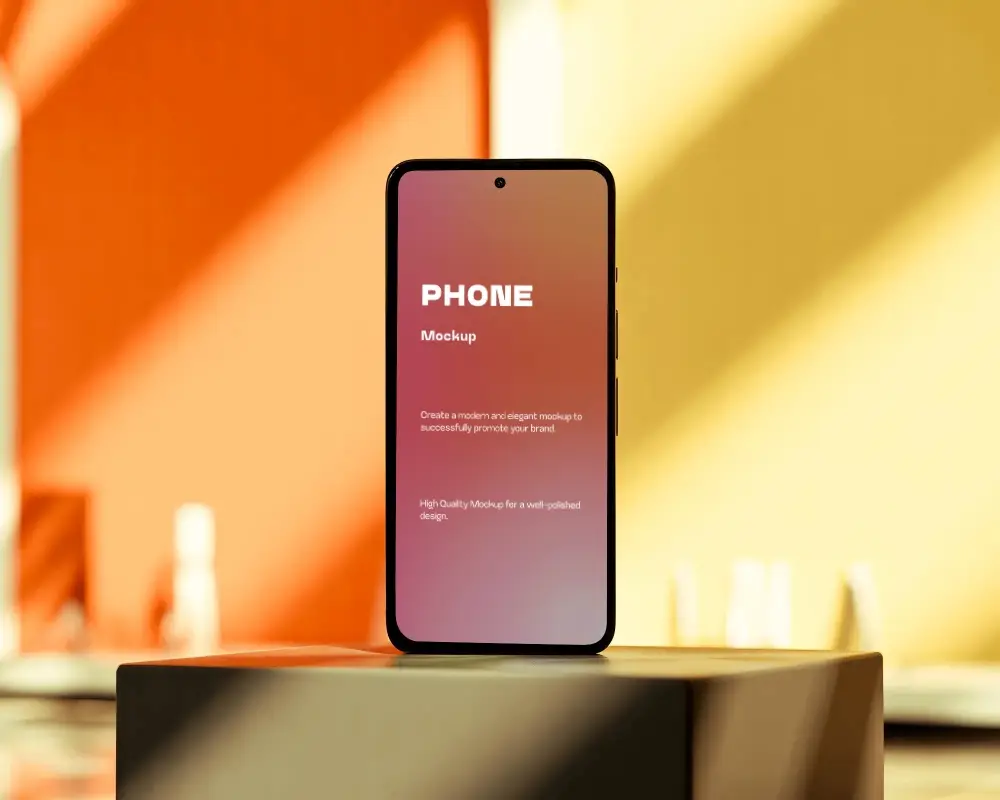 Sunlit Studio Google Pixel Smartphone Mockup On Pedestal With Warm Orange And Yellow Lighting