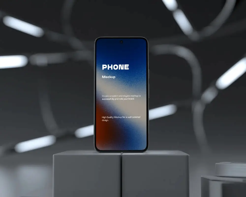 Futuristic Dark Studio Google Pixel Smartphone Mockup Front View On Pedestal With Led Light Patterns