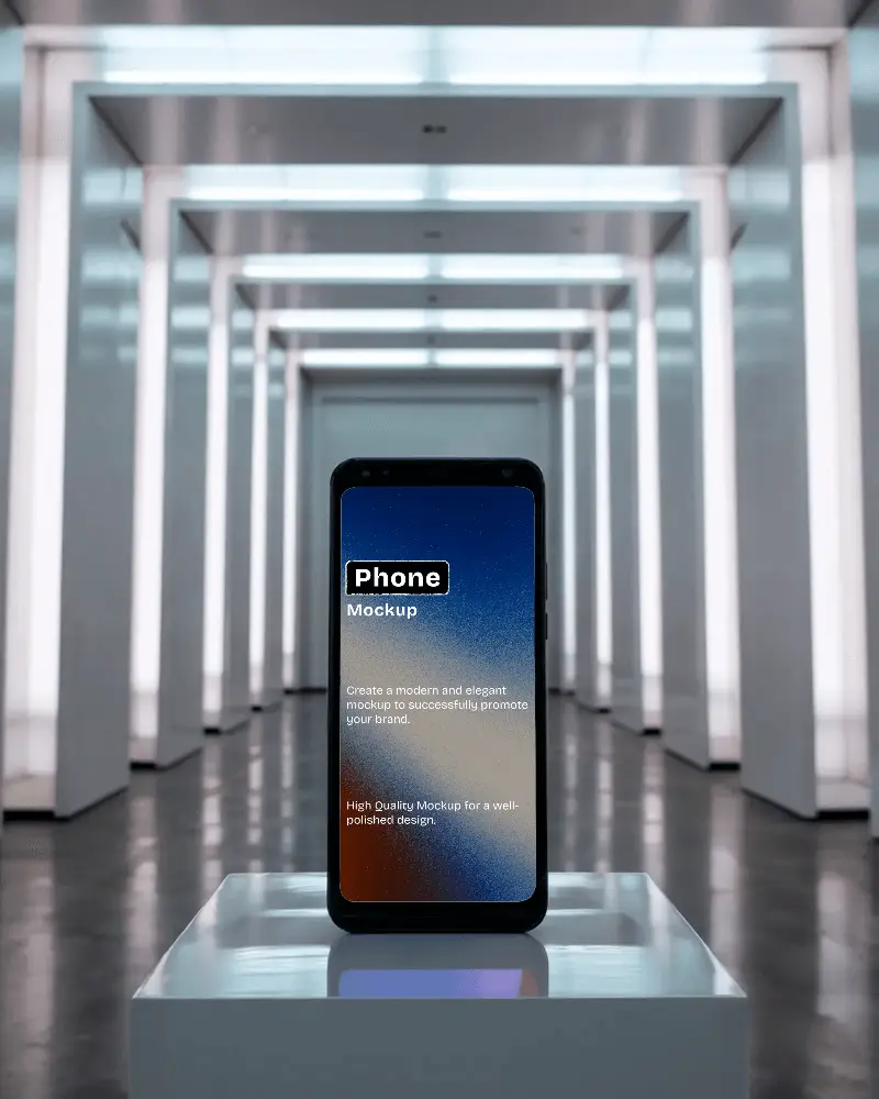 Futuristic Gallery Smartphone Mockup Front View On Glossy Pedestal With Led Archway Background High Tech And Immersive Visual Display