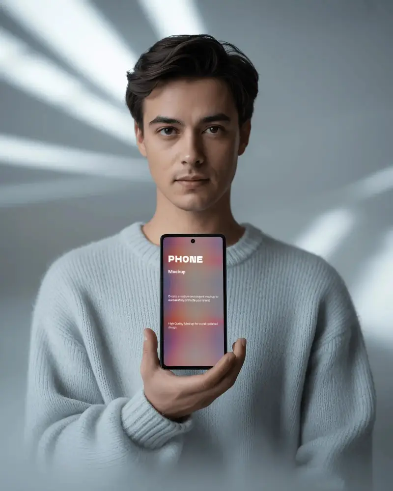 Minimal Google Pixel Phone Mockup Held By Male Model With Soft Gray Light And Clean Studio Style