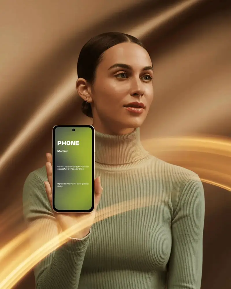Elegant Fashion Google Pixel Smartphone Mockup Female Model Holding Phone With Golden Motion Light