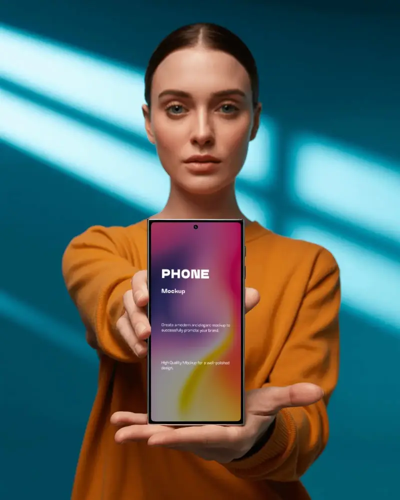 Studio Portrait Samsung S24 Ultra Phone Mockup Front View Held By Model With Teal Lighting