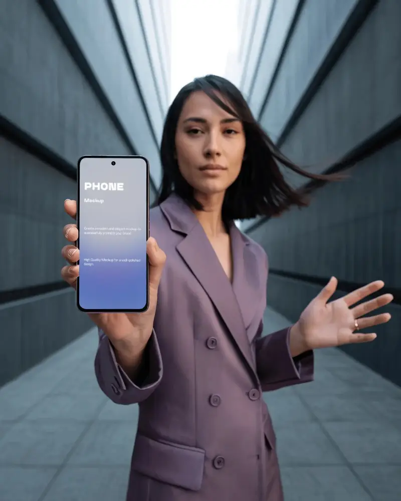 Google Pixel Android Phone Mockup Held By Woman Outdoor Urban Corridor Modern Style