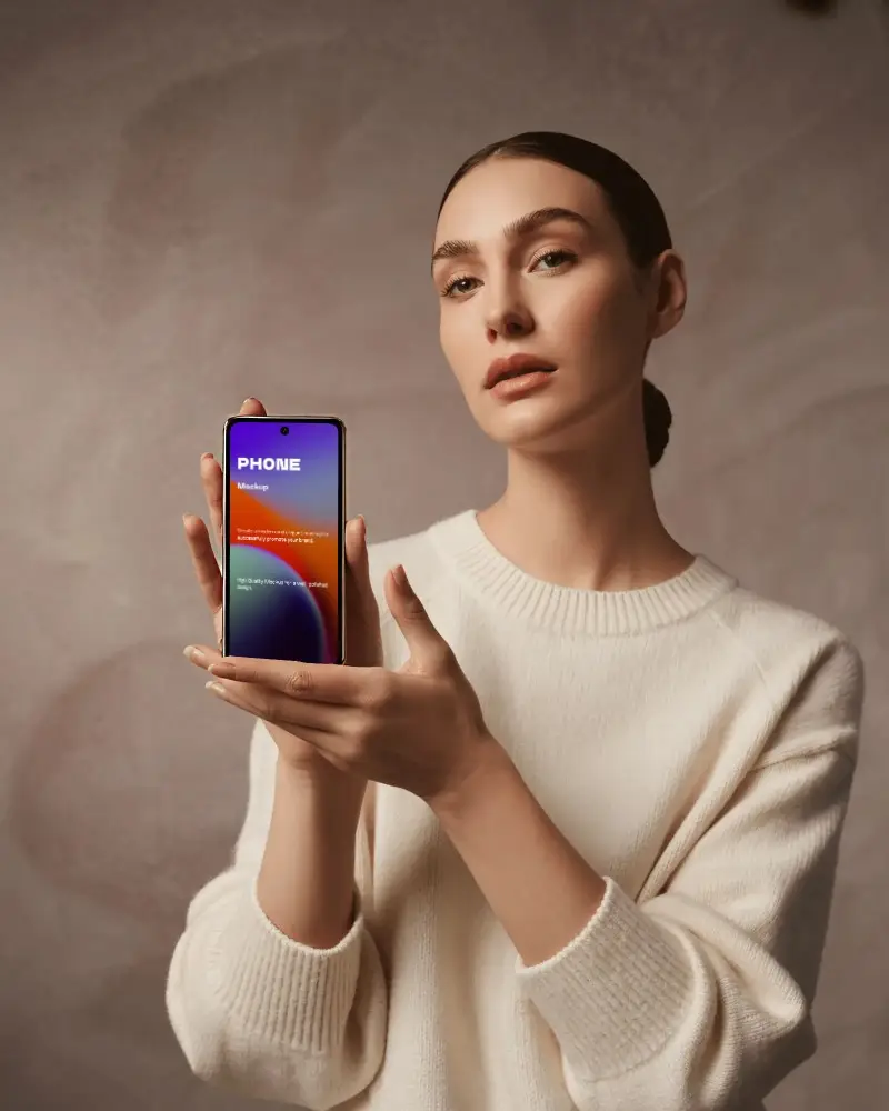 Google Pixel Android Phone Mockup Held By Woman Front View Soft Studio Light Minimal Style