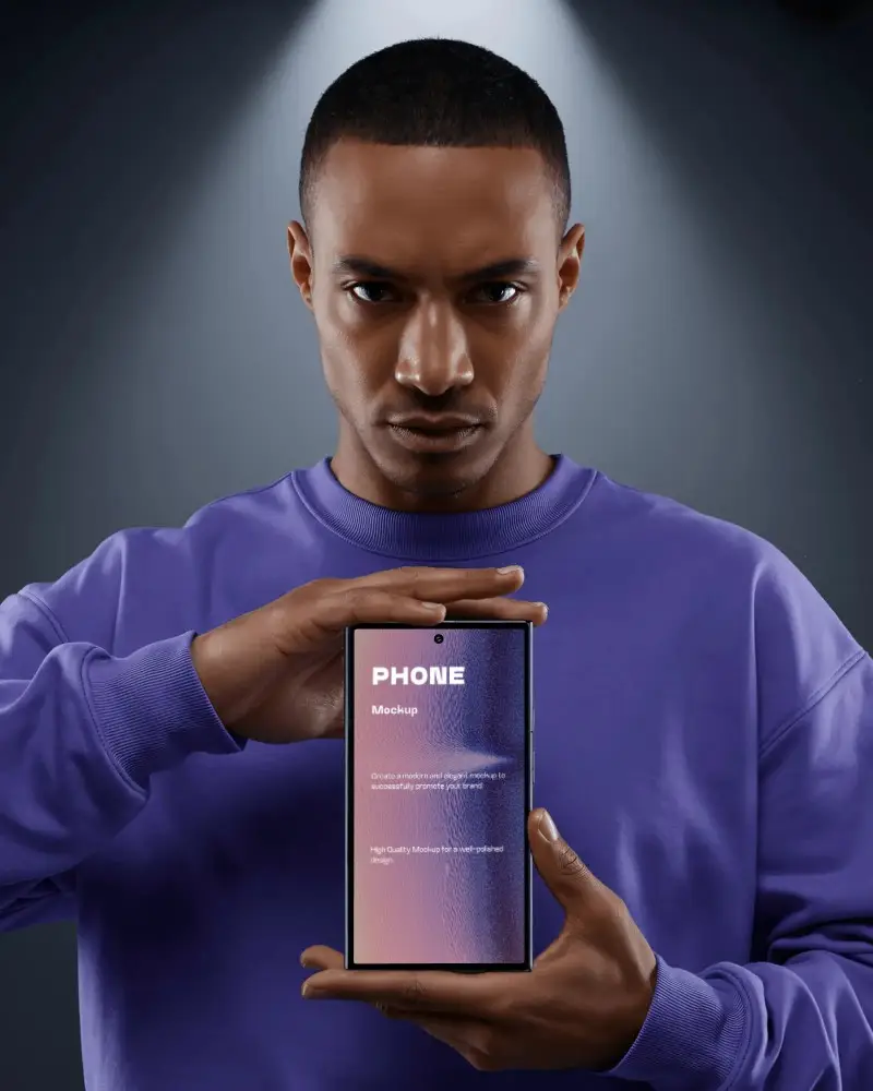 Samsung S24 Ultra Android Phone Mockup Male Model Holding Device Front View Dark Studio