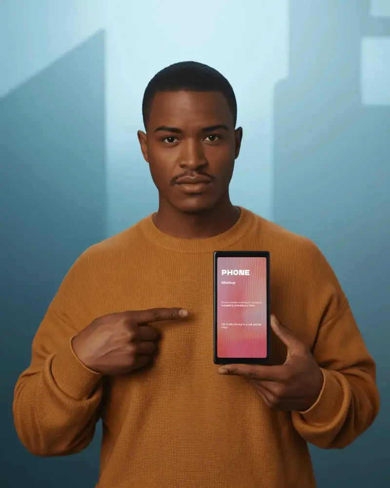 Google Pixel Android Phone Mockup Male Model Pointing At Screen Clean Studio Background