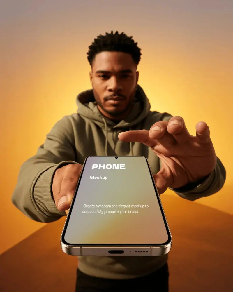 Sleek Oneplus Smartphone Mockup Floating Over Hands For Technology Promotion And Advertisement