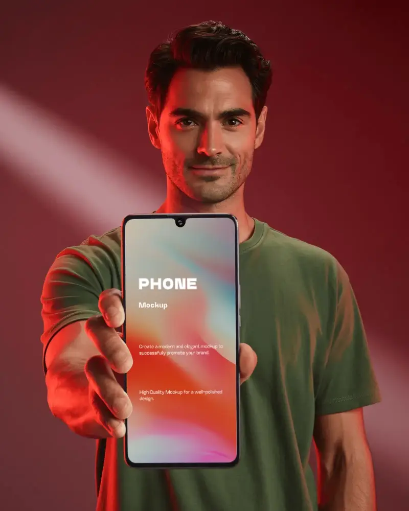 Young Man Presenting Motorola Phone Mockup Blank Screen Technology Advertisement Concept