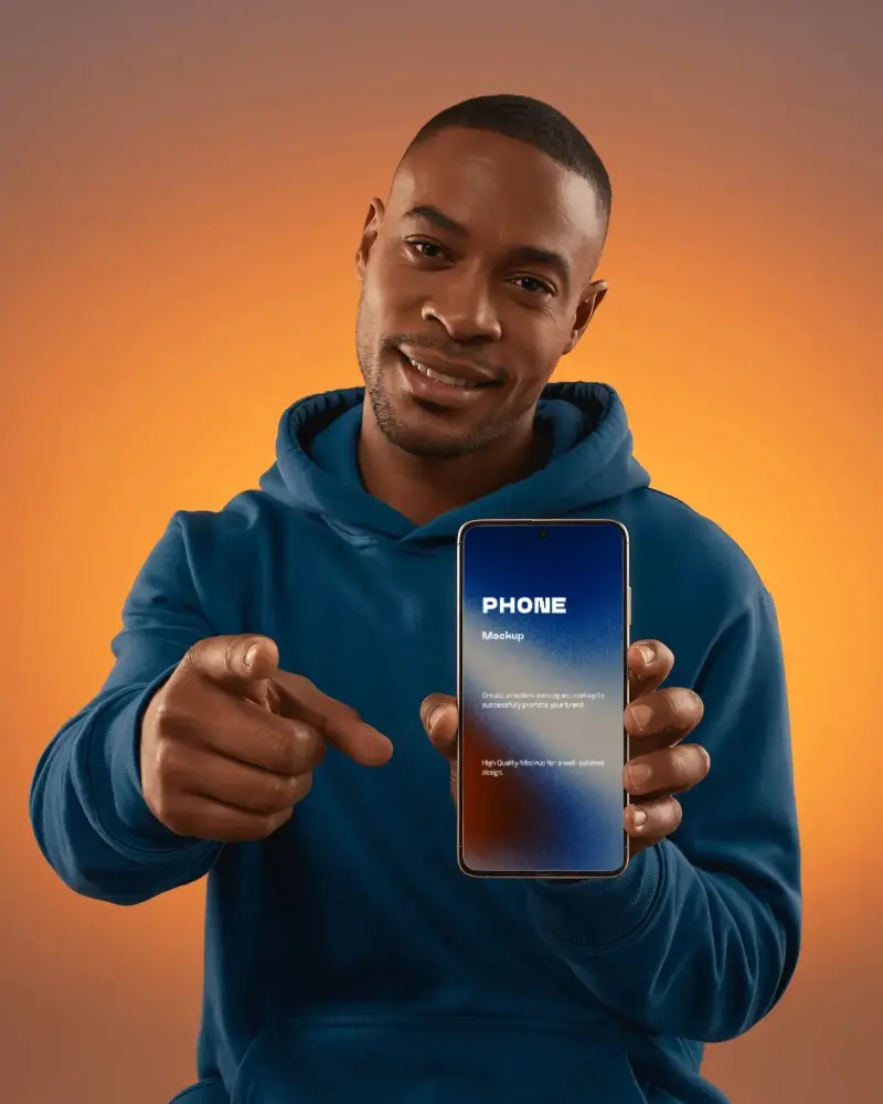 Man Holding Huawei Smartphone Mockup With Blank Screen Pointing At Camera For App Advertisement
