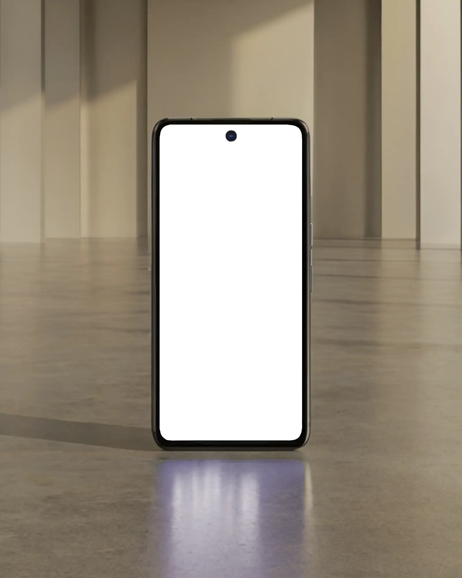 Daylight Smartphone Mockup Front View On Polished Floor With Beige Column Background Natural And Refined Presentation