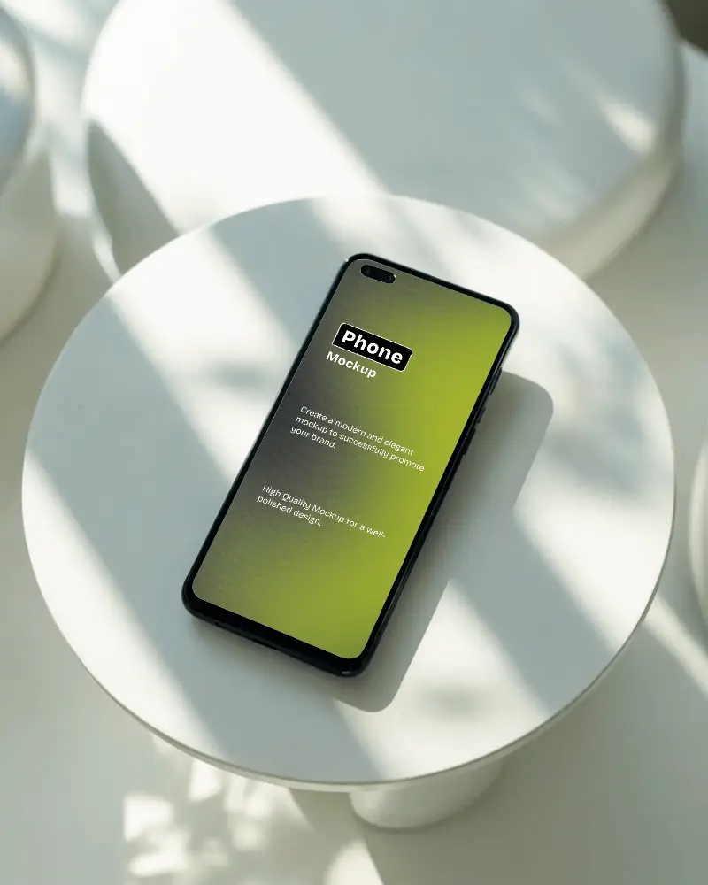 Sunlit Minimal Smartphone Mockup Top View On Round White Podium With Soft Shadows Bright And Organic Design Showcase
