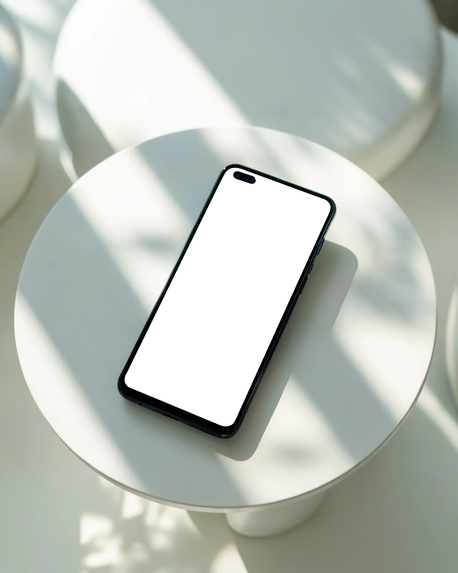 Sunlit Minimal Smartphone Mockup Top View On Round White Podium With Soft Shadows Bright And Organic Design Showcase