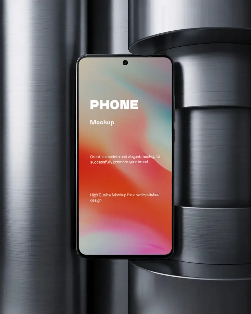 Sleek Mobile Samsung Phone Mockup Placed On Metallic Cylinders With Empty Display