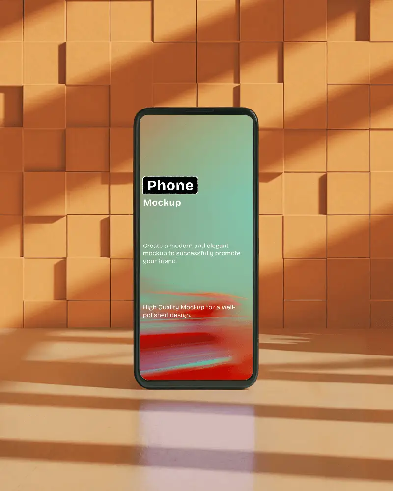 Smartphone Mockup Front View Against Geometric Wall With Dramatic Shadows Warm And Artistic Display Scene
