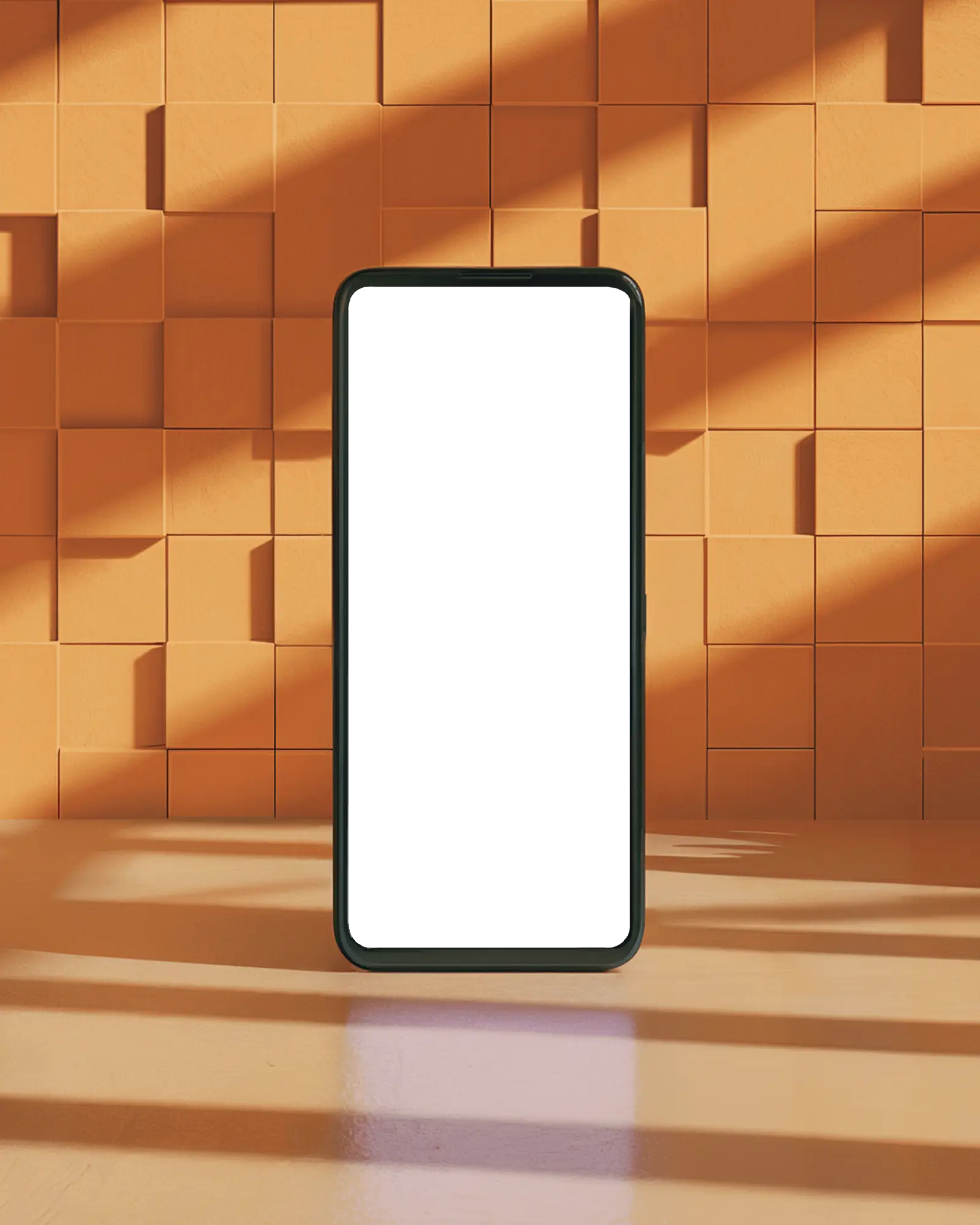 Smartphone Mockup Front View Against Geometric Wall With Dramatic Shadows Warm And Artistic Display Scene