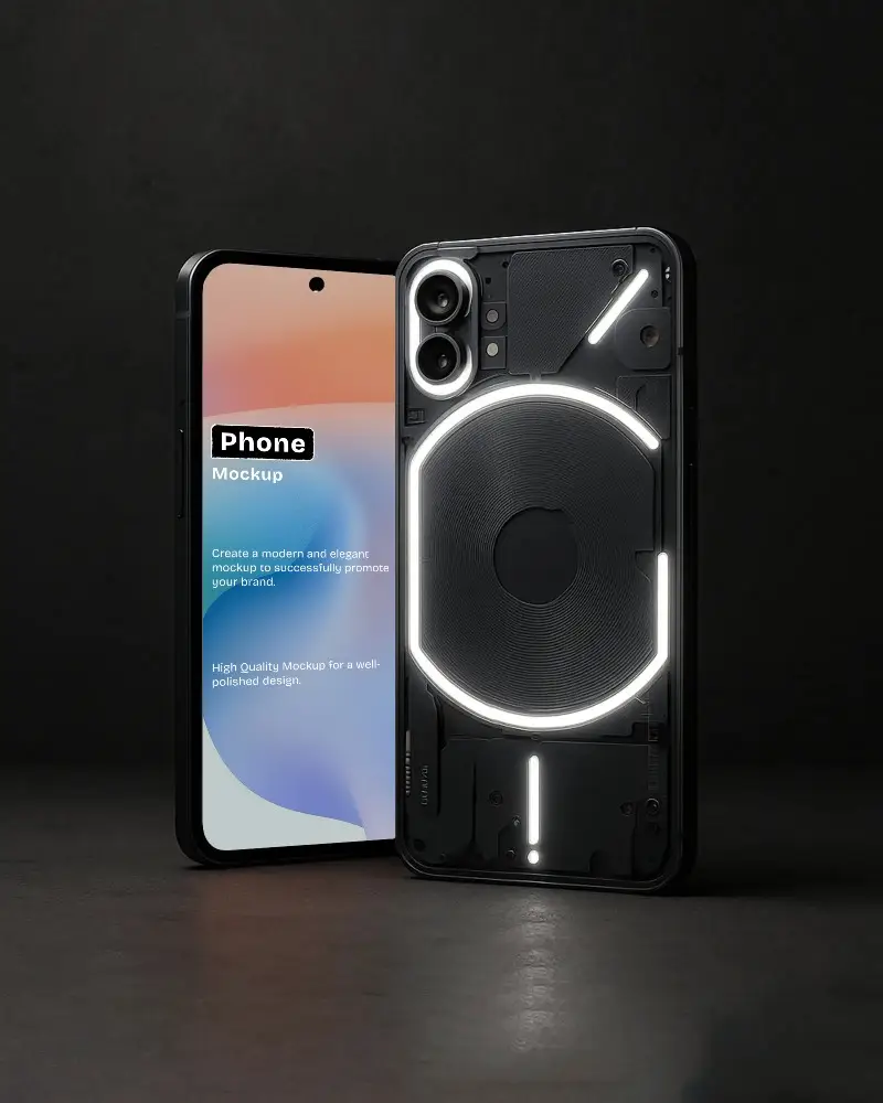 Sleek Modern Smartphone Mockup Front And Back View With Glowing Led Elements On Dark Minimal Background