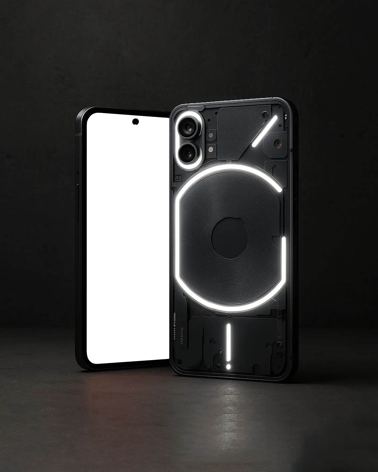 Sleek Modern Smartphone Mockup Front And Back View With Glowing Led Elements On Dark Minimal Background