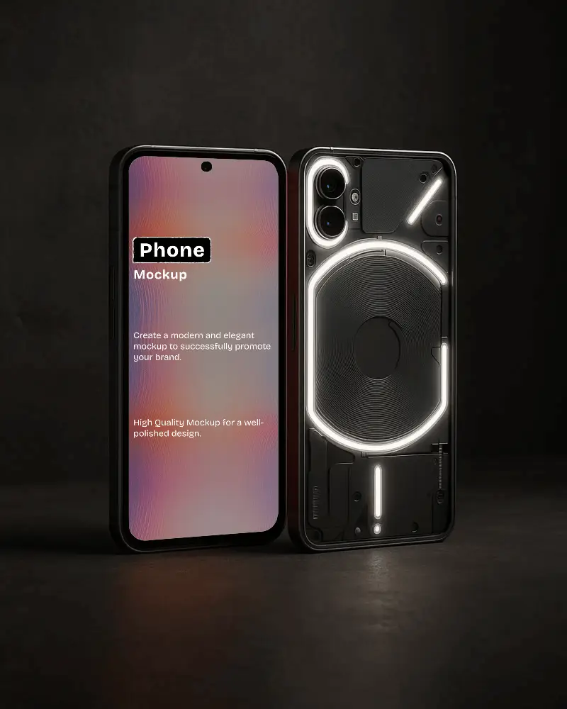 Glowing Nothing Smartphone Mockup Front And Back View On Dark Studio Background With Led Circle Lighting