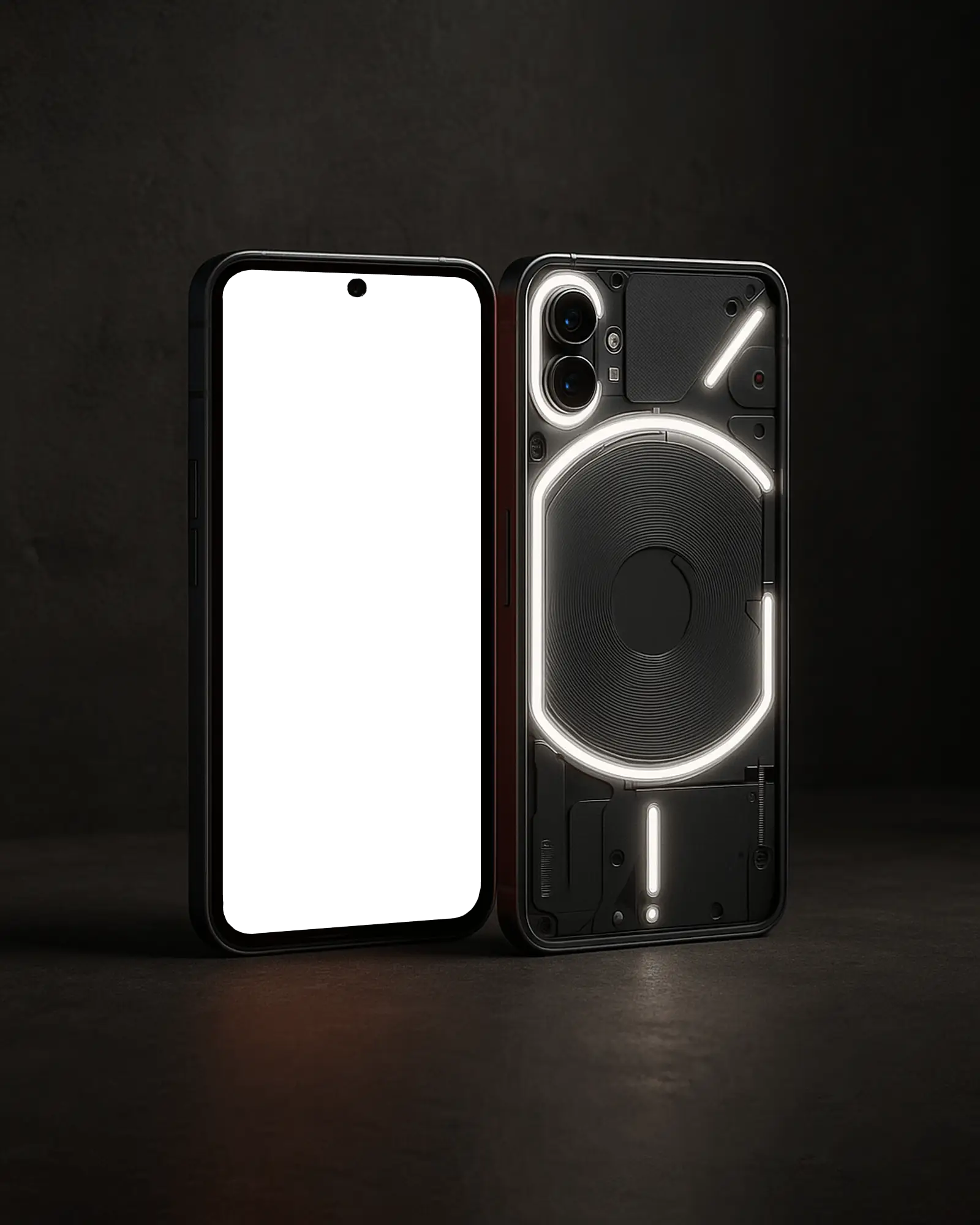Glowing Nothing Smartphone Mockup Front And Back View On Dark Studio Background With Led Circle Lighting