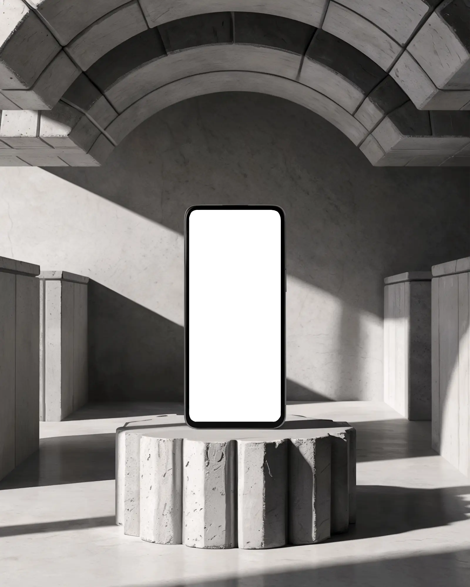 Minimal Architectural Smartphone Mockup Front View On Concrete Pedestal With Geometric Arches And Dramatic Sunlight Shadows