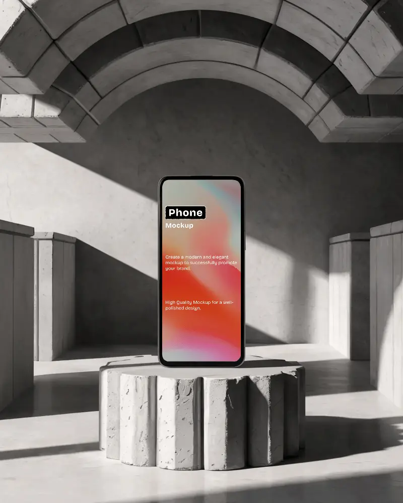 Minimal Architectural Smartphone Mockup Front View On Concrete Pedestal With Geometric Arches And Dramatic Sunlight Shadows