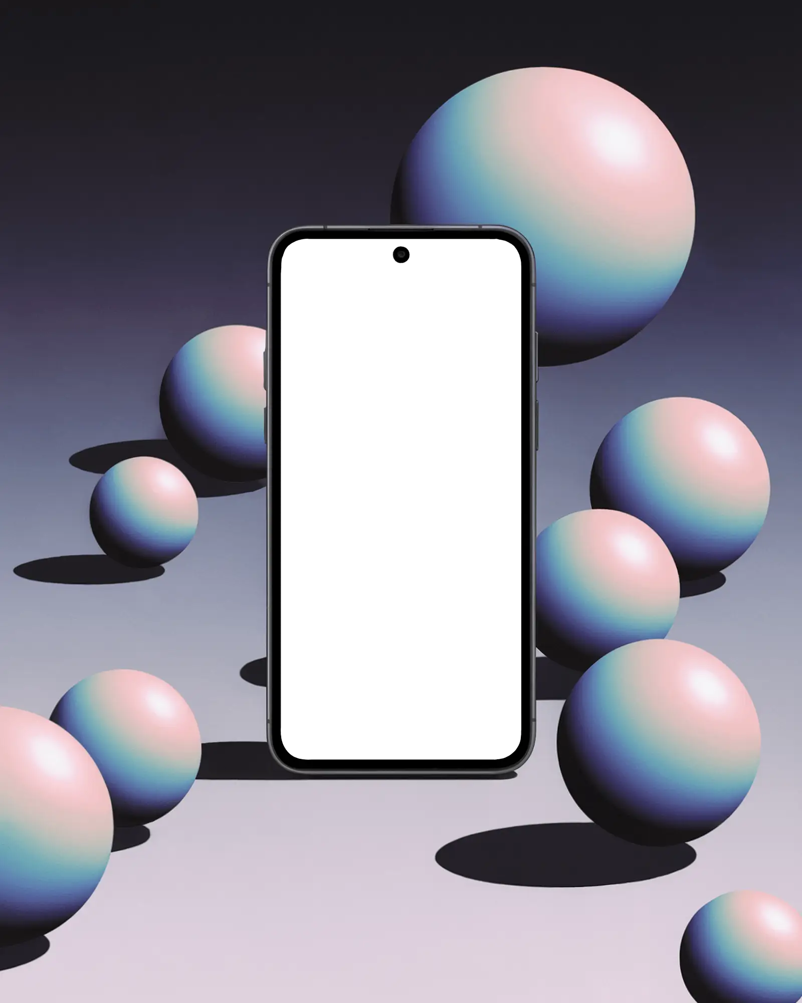 Futuristicl Smartphone Mockup Front View Surrounded By Iridescent 3d Spheres On Gradient Background
