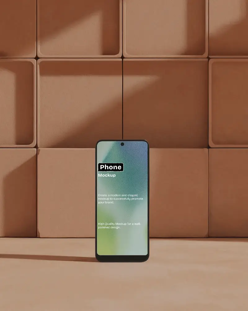 Modern Smartphone Mockup Front View On Textured Terra Cotta Wall Background With Warm Sunlight Shadows
