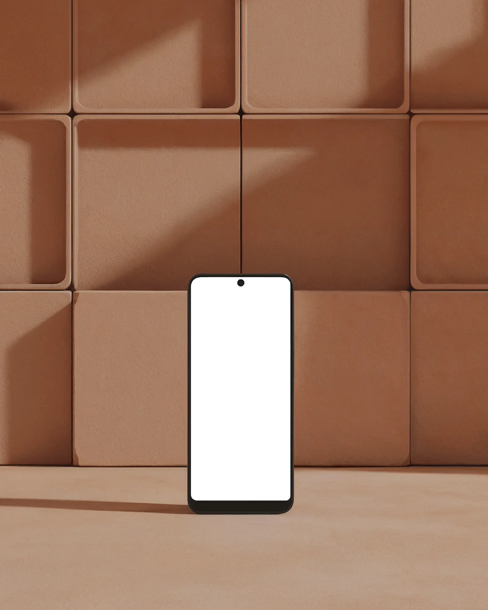Modern Smartphone Mockup Front View On Textured Terra Cotta Wall Background With Warm Sunlight Shadows