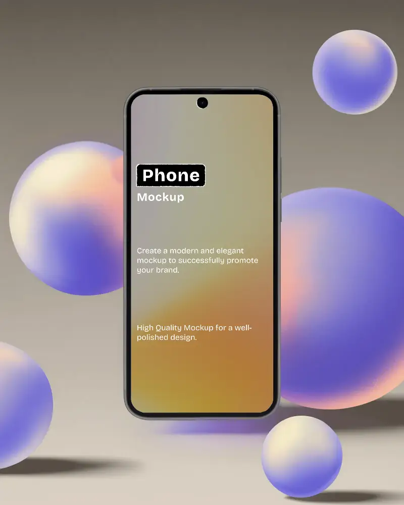 Sleek Smartphone Mockup Front View With Pastel Iridescent 3d Spheres On Gradient Neutral Background