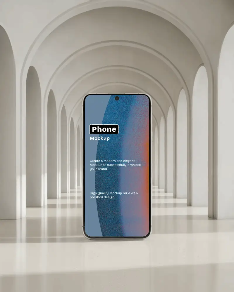 Elegant Architectural Smartphone Mockup Front View In Bright Minimal Arched Hallway With Soft Reflections
