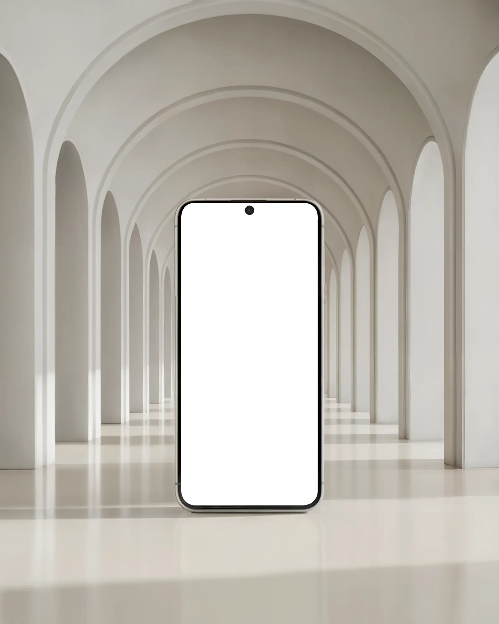 Elegant Architectural Smartphone Mockup Front View In Bright Minimal Arched Hallway With Soft Reflections