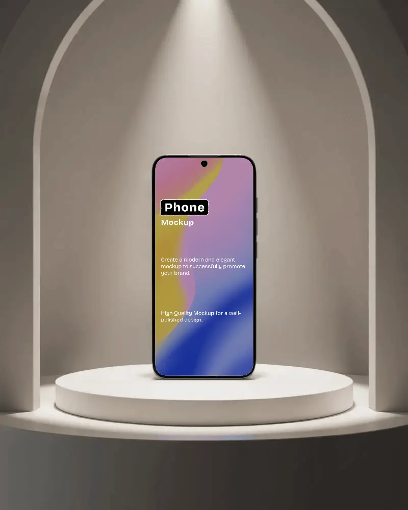 Luxury Smartphone Mockup Front View On Round Pedestal Under Spotlight In Arched Niche Display Setting