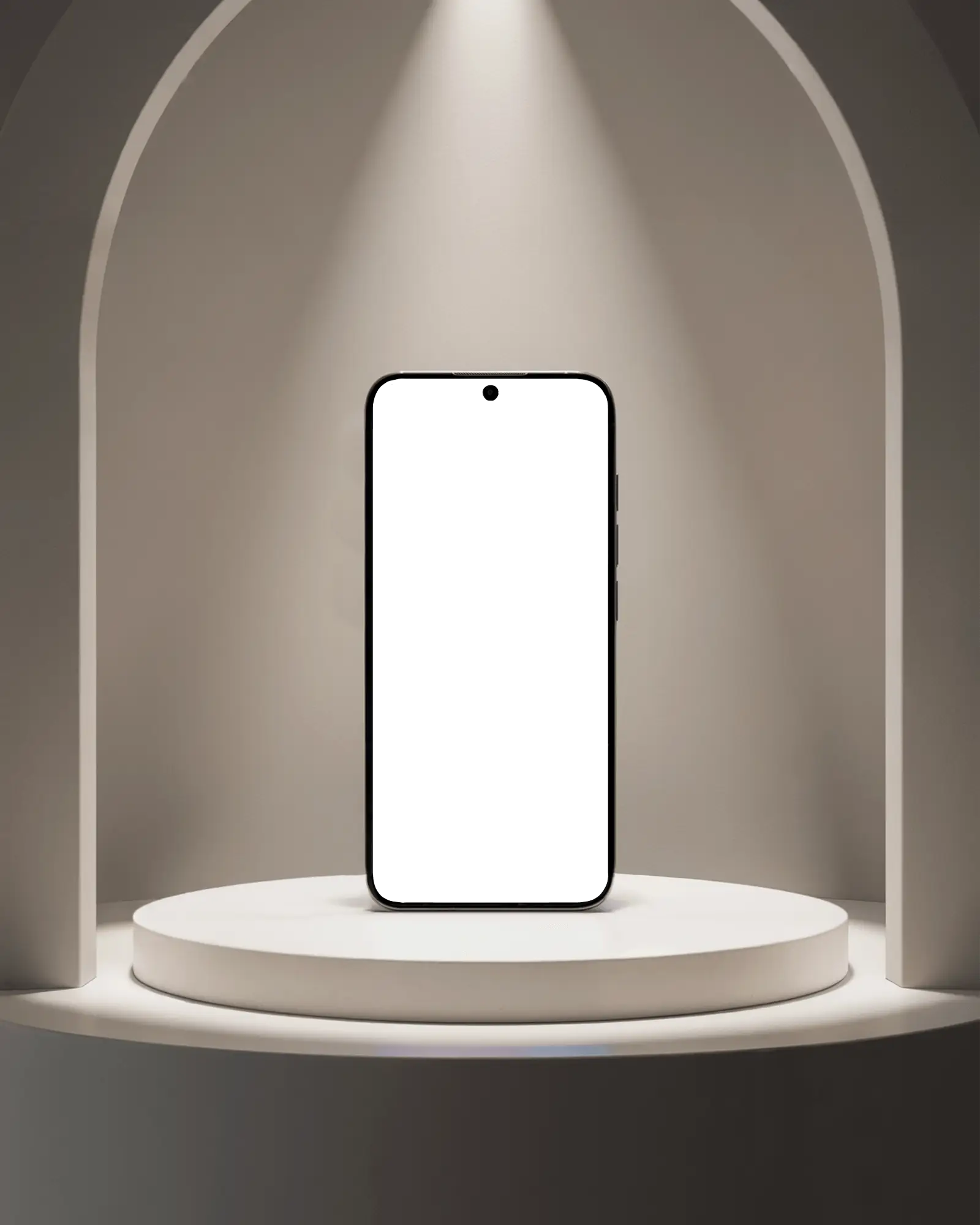 Luxury Smartphone Mockup Front View On Round Pedestal Under Spotlight In Arched Niche Display Setting
