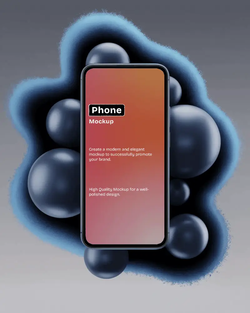 Modern Smartphone Mockup Front View Floating Among Dark Matte 3d Spheres With Soft Blue Glow On Gradient Background