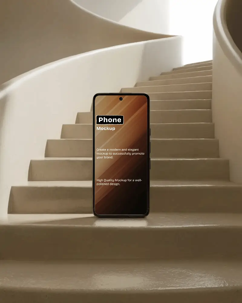 Modern Smartphone Mockup On Architectural Staircase Soft Natural Lighting With Sculptural Curves Minimal And Elegant Setting