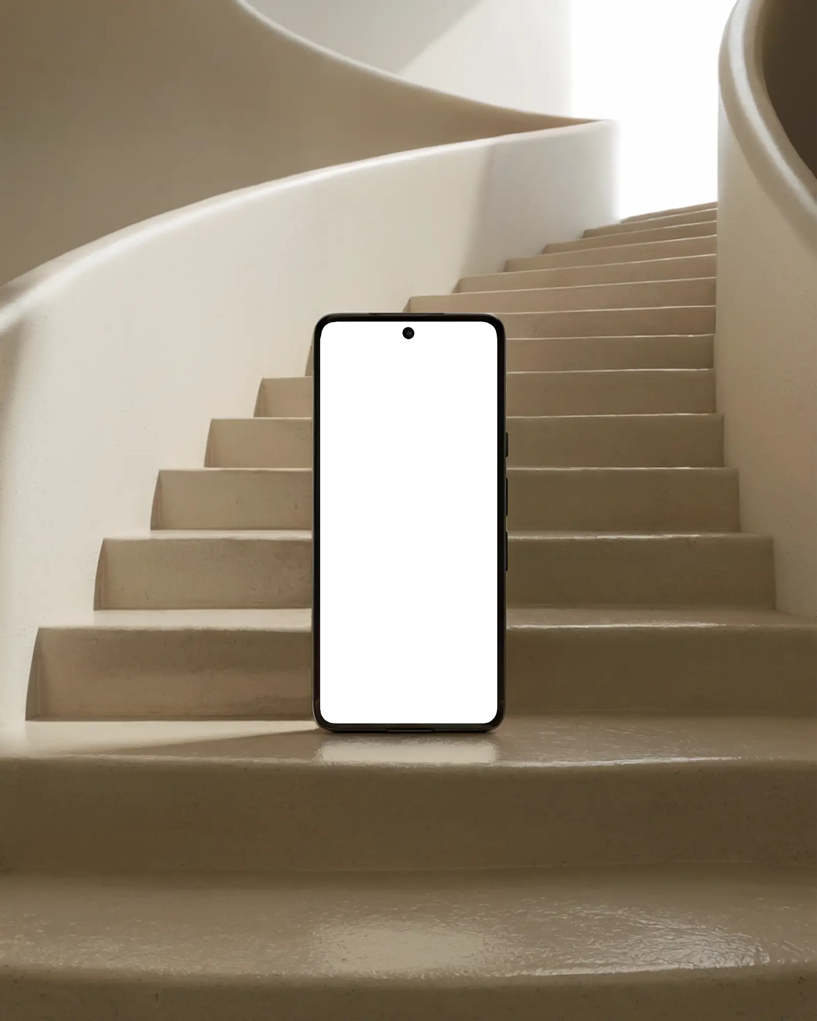 Modern Smartphone Mockup On Architectural Staircase Soft Natural Lighting With Sculptural Curves Minimal And Elegant Setting