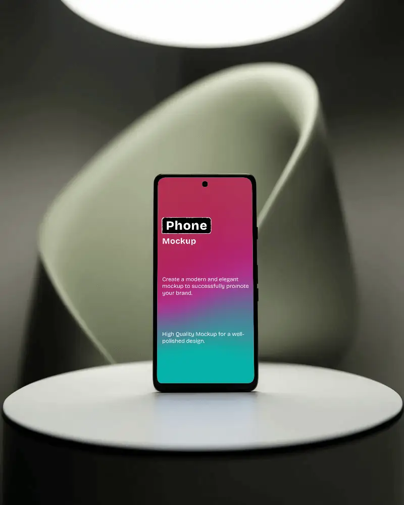 Sleek Smartphone Mockup On Minimal Pedestal Under Soft Spotlight With Modern Sculptural Backdrop Dramatic And Contemporary Aesthetic