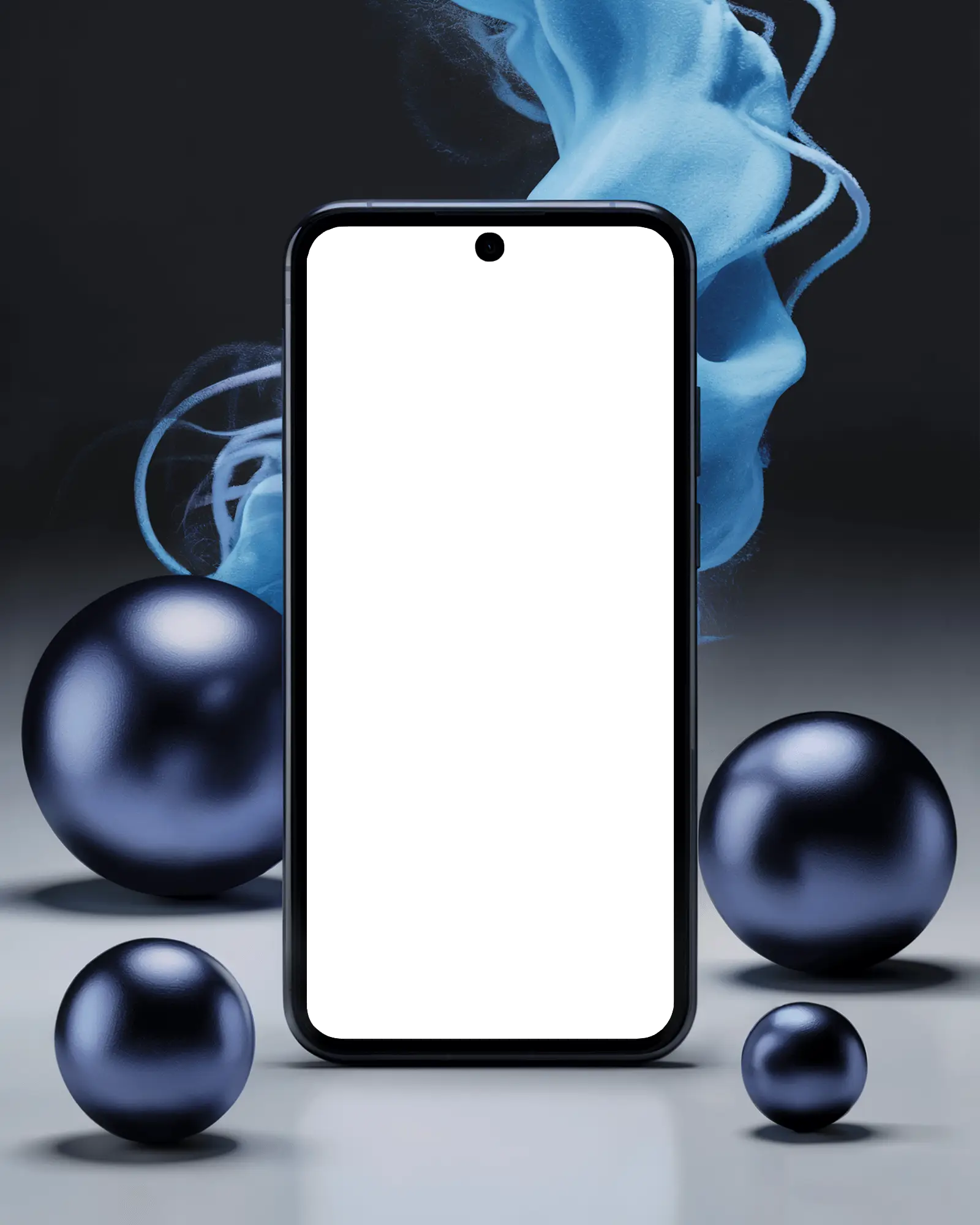 Artistic Phone Mockup With Smooth Dark Spheres And Swirling Blue Smoke On Gradient Background Modern And Dynamic Composition