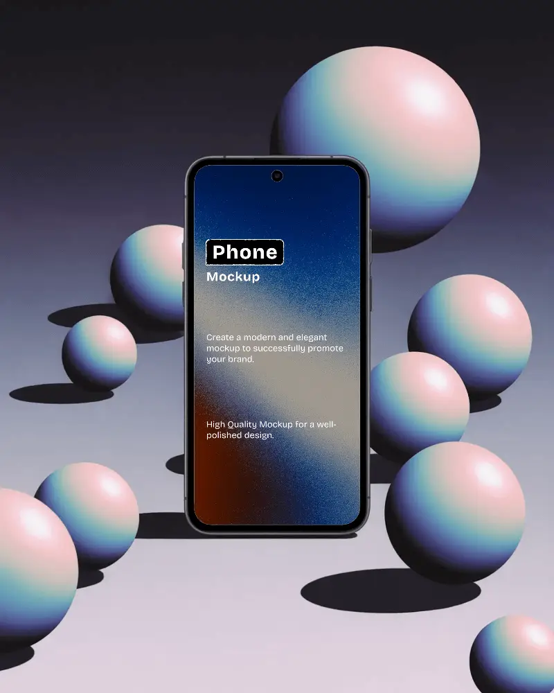 Futuristicl Smartphone Mockup Front View Surrounded By Iridescent 3d Spheres On Gradient Background